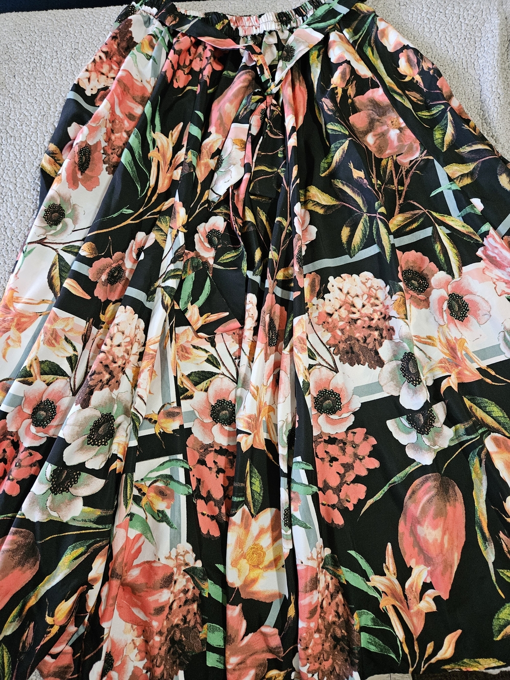 Cato Black Floral Maxi Skirt with Coral and Green Accents
